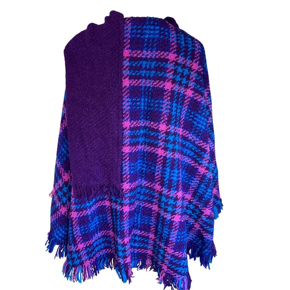 Boyne Valley Weavers Womens One Size Blue Wool Hand Knit Plaid Shawl Poncho - Picture 9 of 11